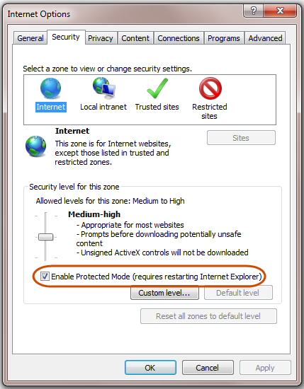 IE - Internet Options Enable Protected Mode