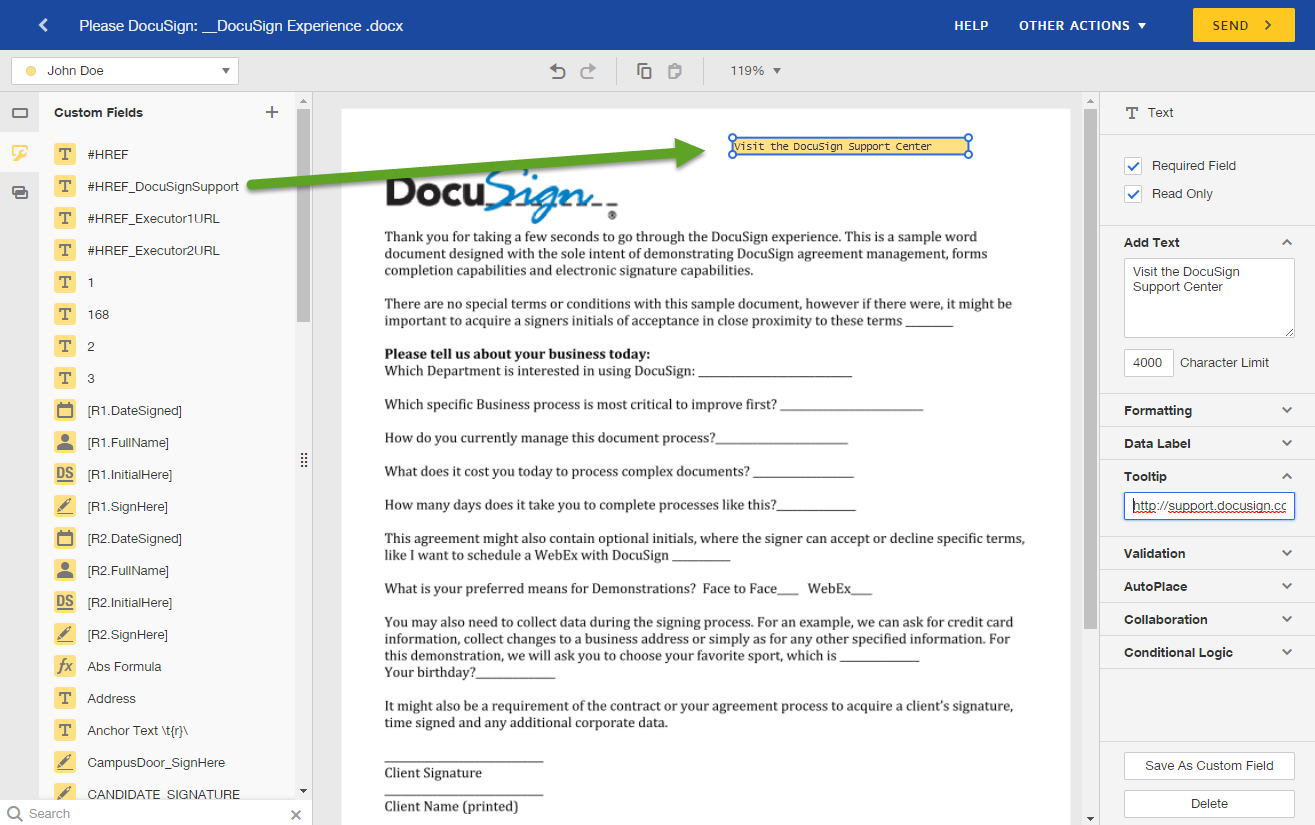 How do I create a hyperlink in DocuSign DocuSign Support Center