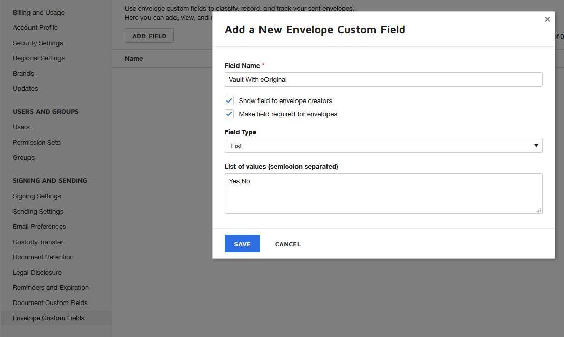How to setup eOriginal vaulting as optional on envelopes DocuSign