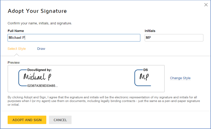 Click the SIGN tag. You are asked to Adopt Your Signature