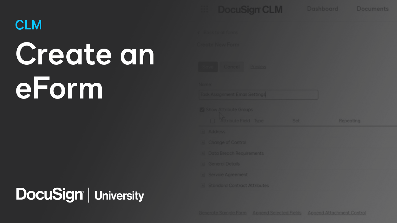 This is a cover image for a video describing how to create an eForm with DocuSign CLM.