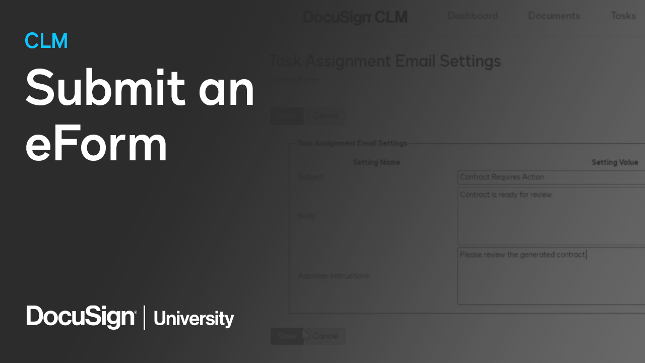This is a cover image for a video describing how to submit an eForm with DocuSign CLM.