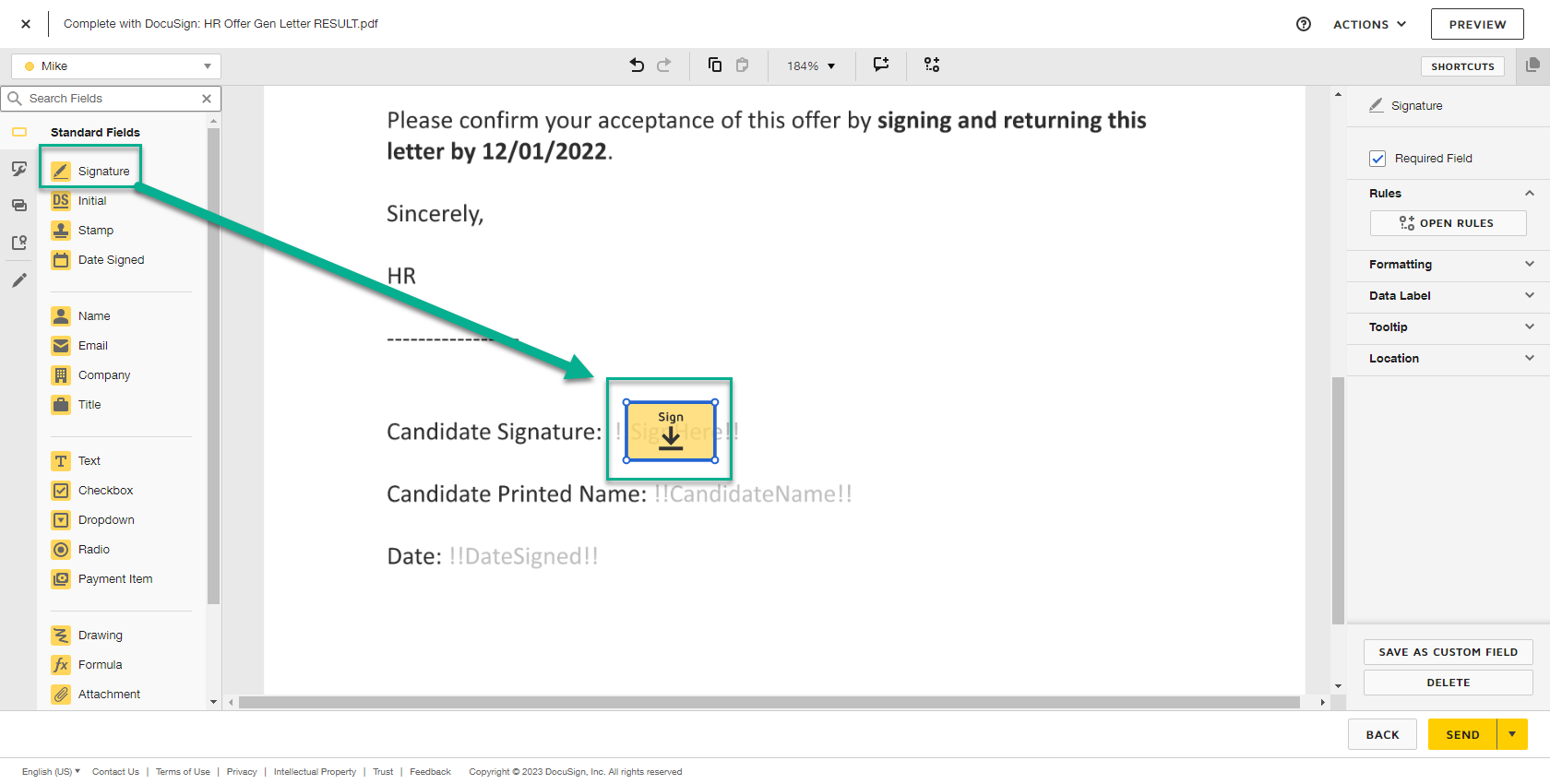 how to send document in docusign for signature