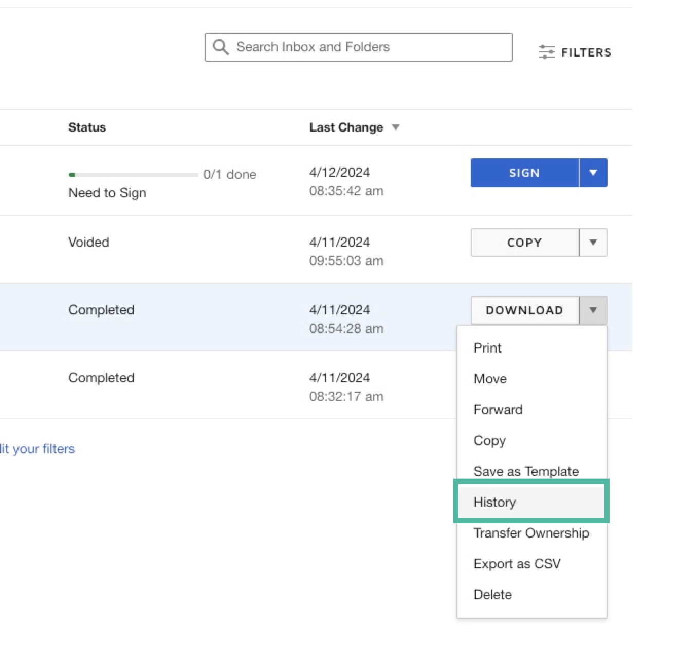 Check Docusign envelope history eSignature