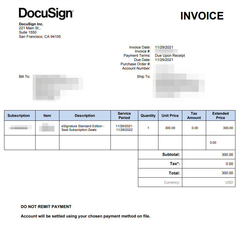 Image of a DocuSign invoice showing the amount due for a yearly subscription to a Standard plan
