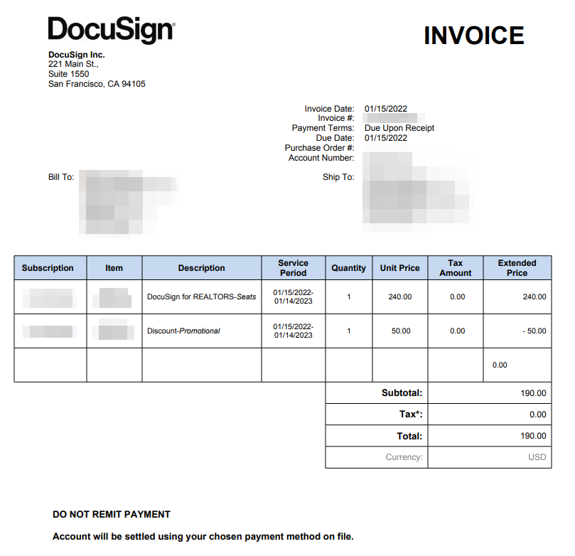 Image of a DocuSign invoice showing the amount due for a yearly subscription to a DocuSign for Realtors plan with a promotional discount
