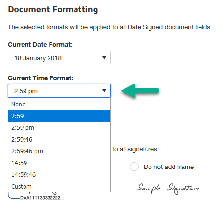 How do I include a time stamp along with the date signed on document