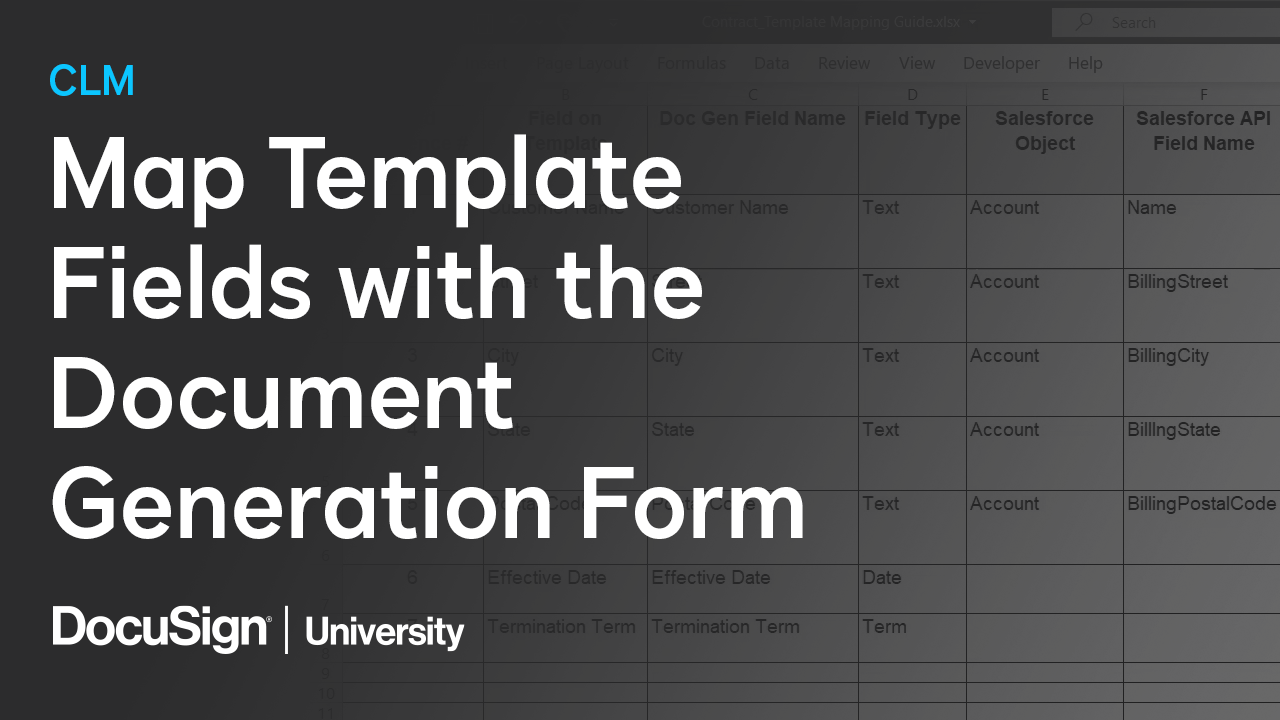 This is a cover image for a video describing how to map template fields with the document generation form in DocuSign CLM.