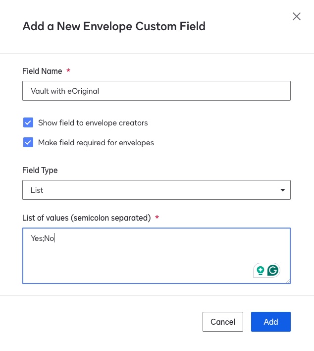 Setup eOriginal vaulting as optional on envelopes with custom fields