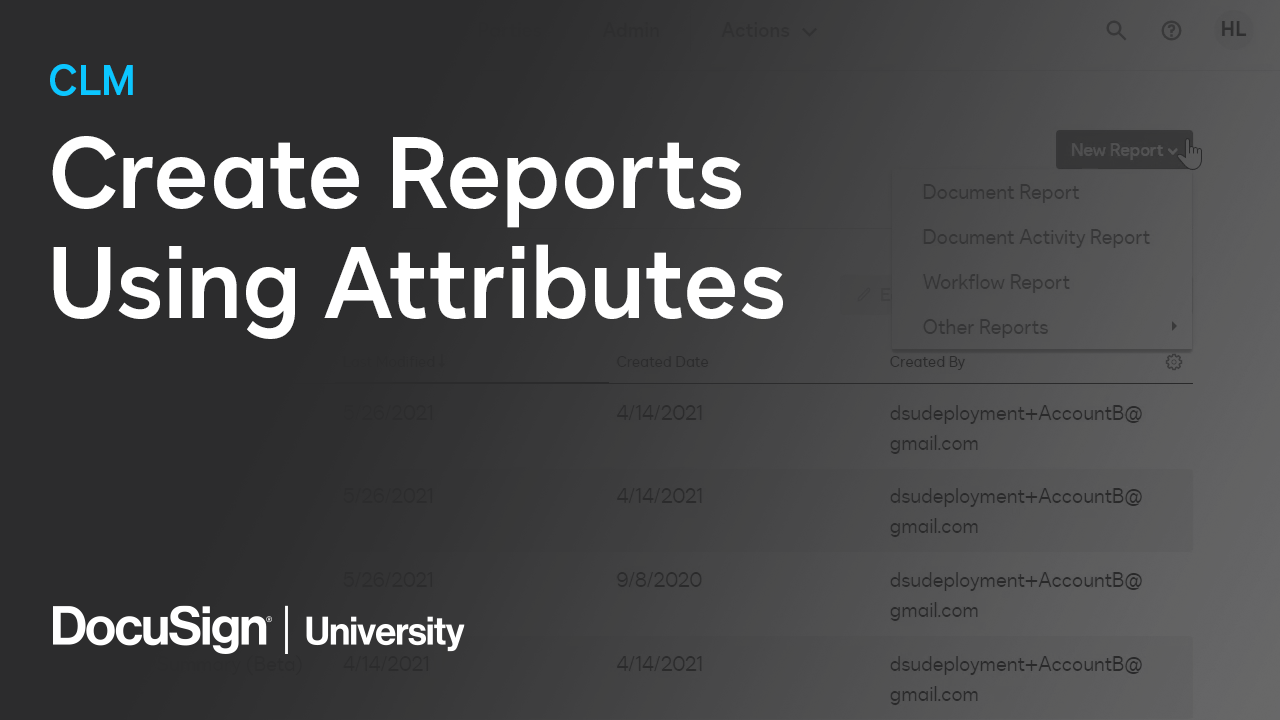 This is cover image for a video describing how to create reports using attributes in DocuSign CLM.