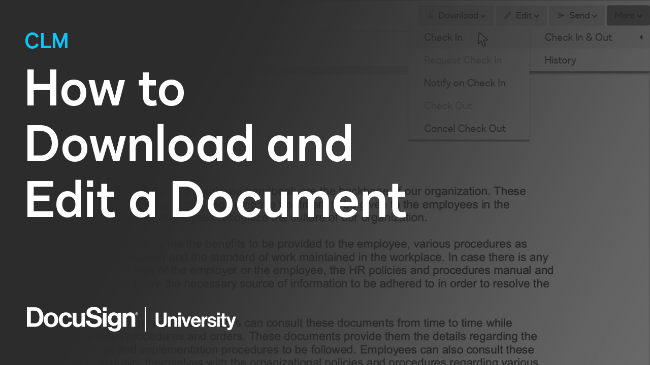 This is a cover image for the video describing how to download and edit a document in CLM.