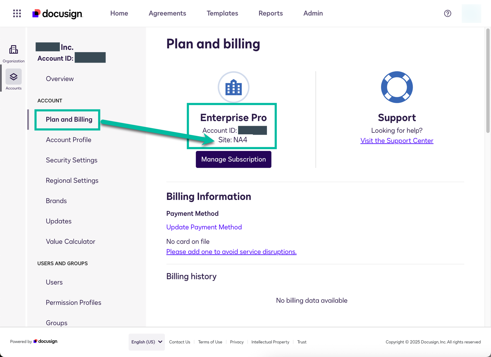An image of the Admin tab, showing account information under the Plan and Billing option, specifically the site name for this account.