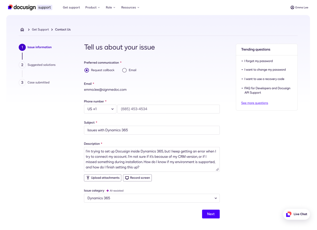 An image of the Docusign Support Center, showing the form you need to fill out to log a case.