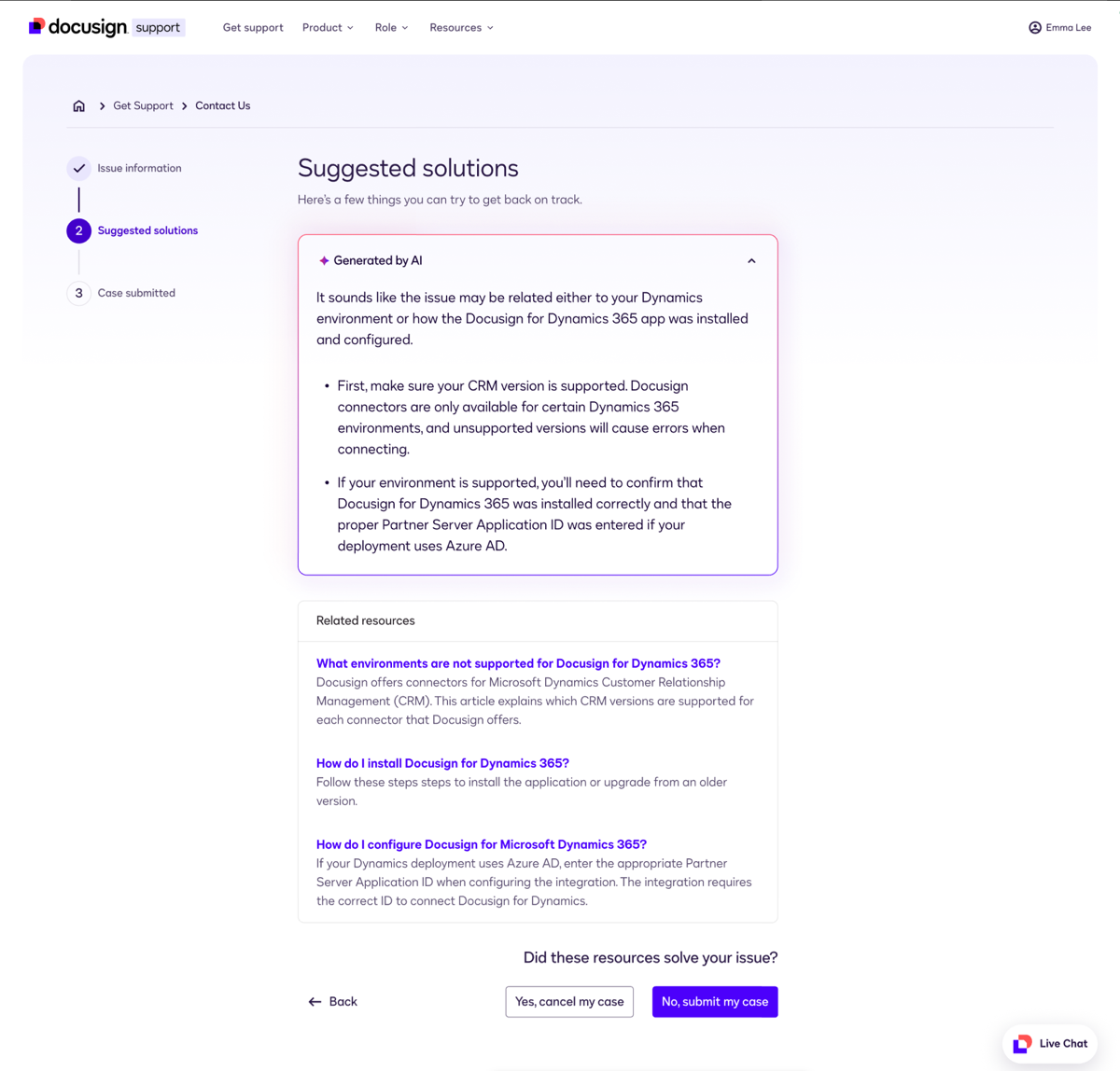 An image of the possible solutions the system suggests for your issue, included an AI-generated response.