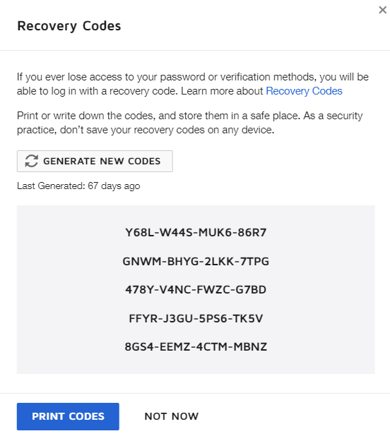 How do I turn on recovery codes to access my account without a