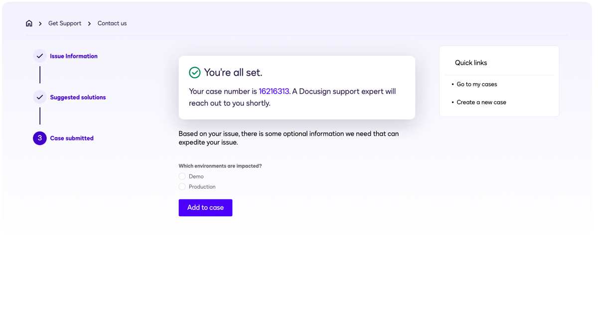 Open a case in the Docusign Support Center